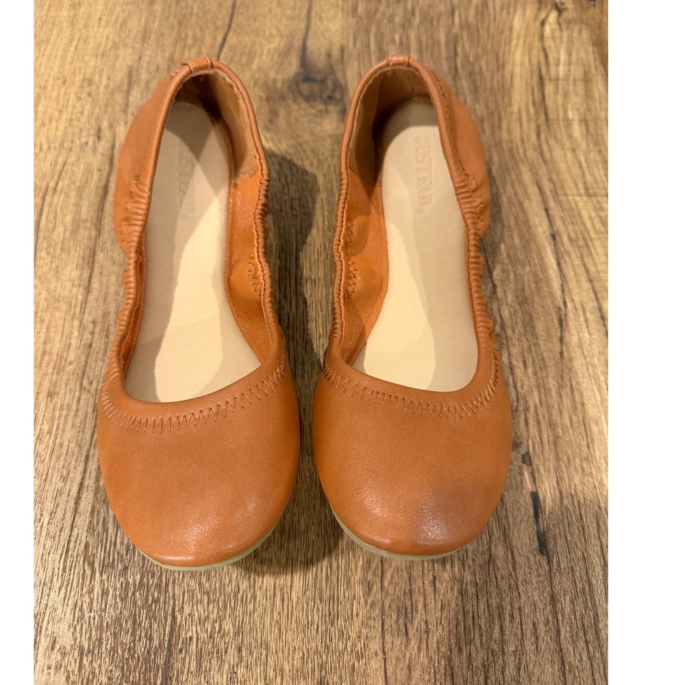 JustFab Ballet Flats Leather‎ Copper Brown Round Toe Ruched Slip On Shoes US 7
